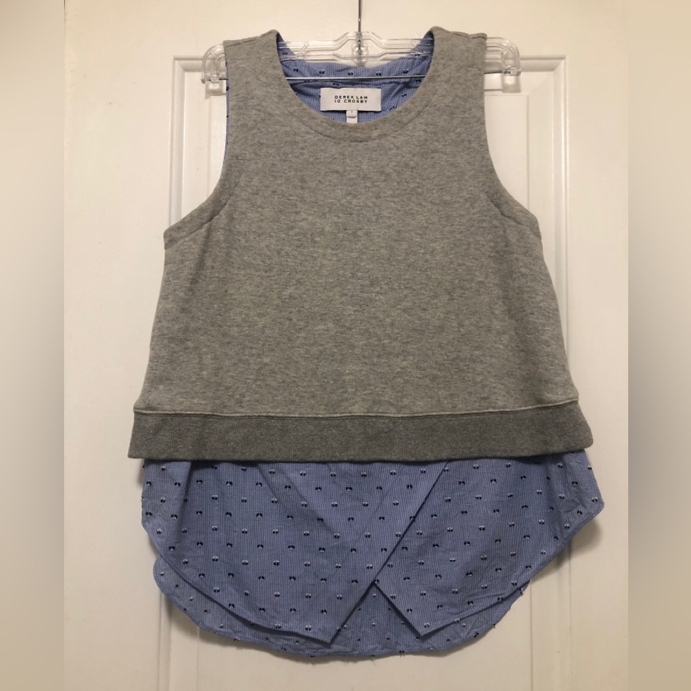 Derek Lam women’s Grey Knit Tank with Blue Shirt-Hem Layer Size 6 So Cute